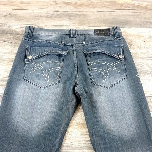 Chams Denim Jeans Men Women 36x28 Gray Distress Embriodered Casual Relaxed Wide - Picture 11 of 12
